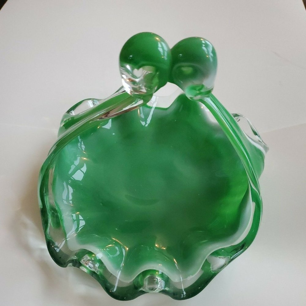 Vintage Green Depression Glass Unique Curved Swirl Candy Dish w/Handle 8x7x6